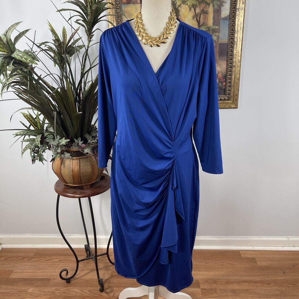 Venus Royal Blue Faux Wrap Ruched Midi Dress XL 3/4 Sleeve - Picture 2 of 12